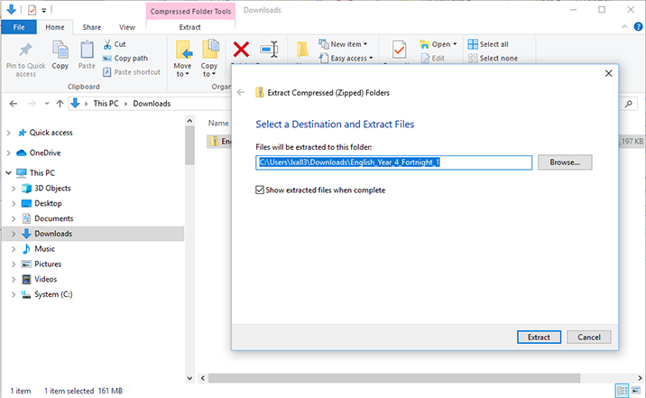 Screenshot showing the dialog box that appears withe the 'Show extracted files when complete' check box selected